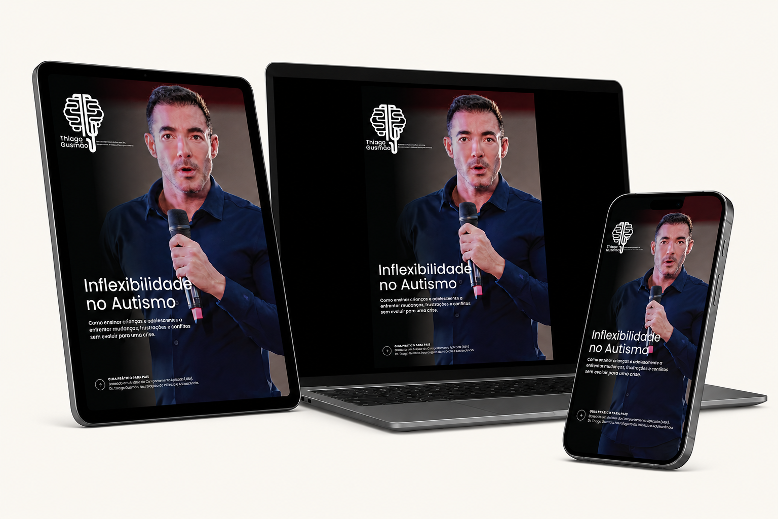 Tablet, notebook e celular exibindo a capa do e-book Inflexibilidade no Autismo, do Dr. Thiago Gusmão